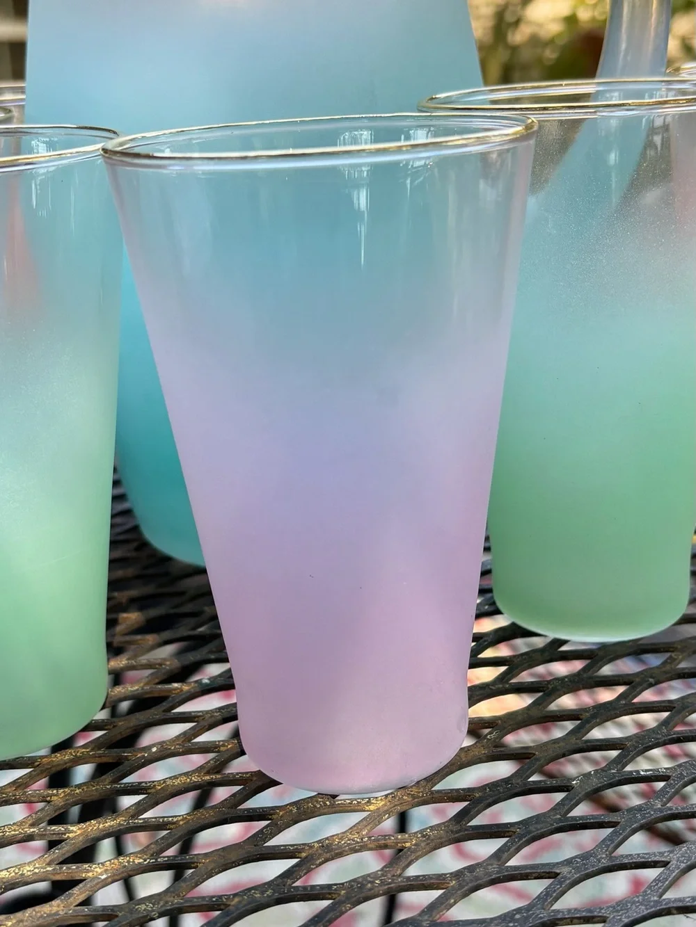Vintage Ombre Glass Pitcher and 6-Tumbler Set with Gold Trim - Blue/Pink/Green
